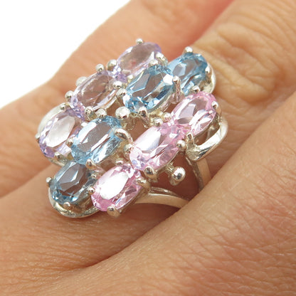 925 Sterling Silver Real Lavender & Pink Amethyst Blue Topaz Gem Ring Size 6.25