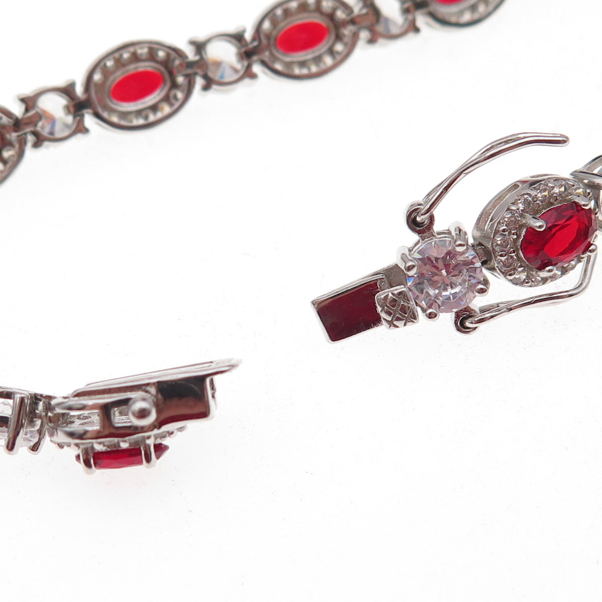 925 Sterling Silver Oval-Cut Red & Round-Cut White C Z Bracelet 7.25"