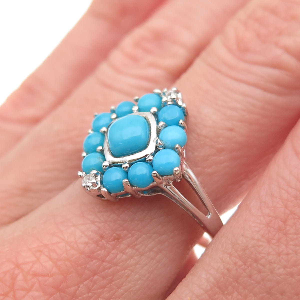 925 Sterling Silver Real Sleeping Beauty Turquoise & White Topaz Ring Size 8