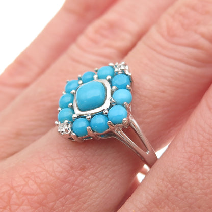 925 Sterling Silver Real Sleeping Beauty Turquoise & White Topaz Ring Size 8