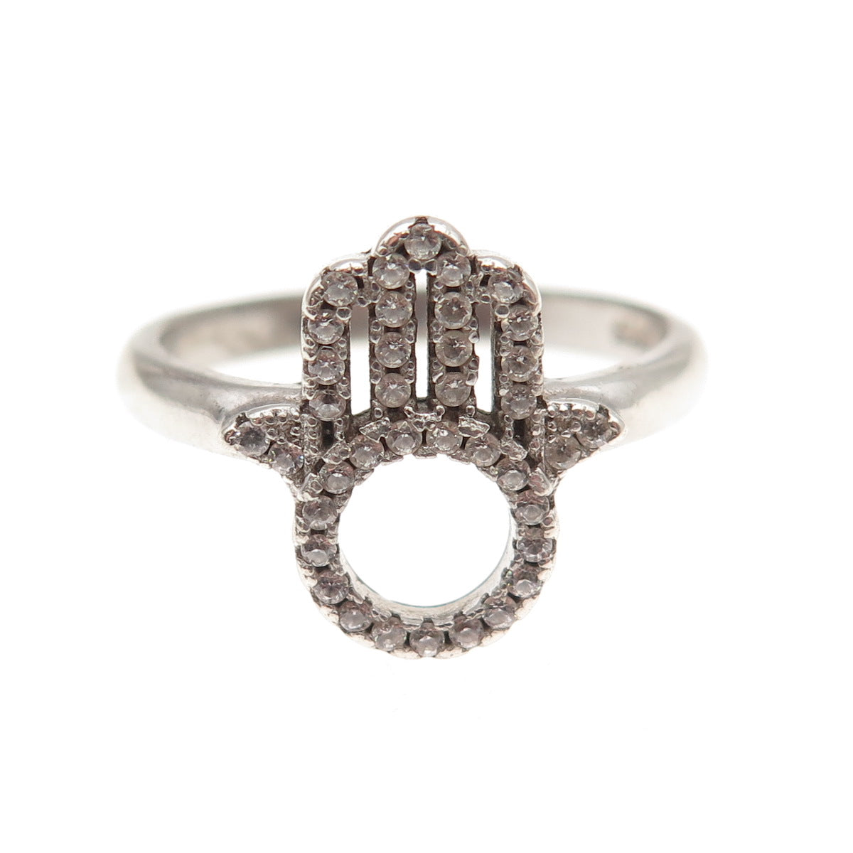 925 Sterling Silver Round-Cut C Z Hamsa Amulet Ring Size 7.75