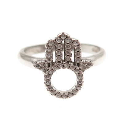 925 Sterling Silver Round-Cut C Z Hamsa Amulet Ring Size 7.75