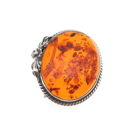 925 Sterling Silver Vintage Real Amber Floral Oxidized Pin Brooch