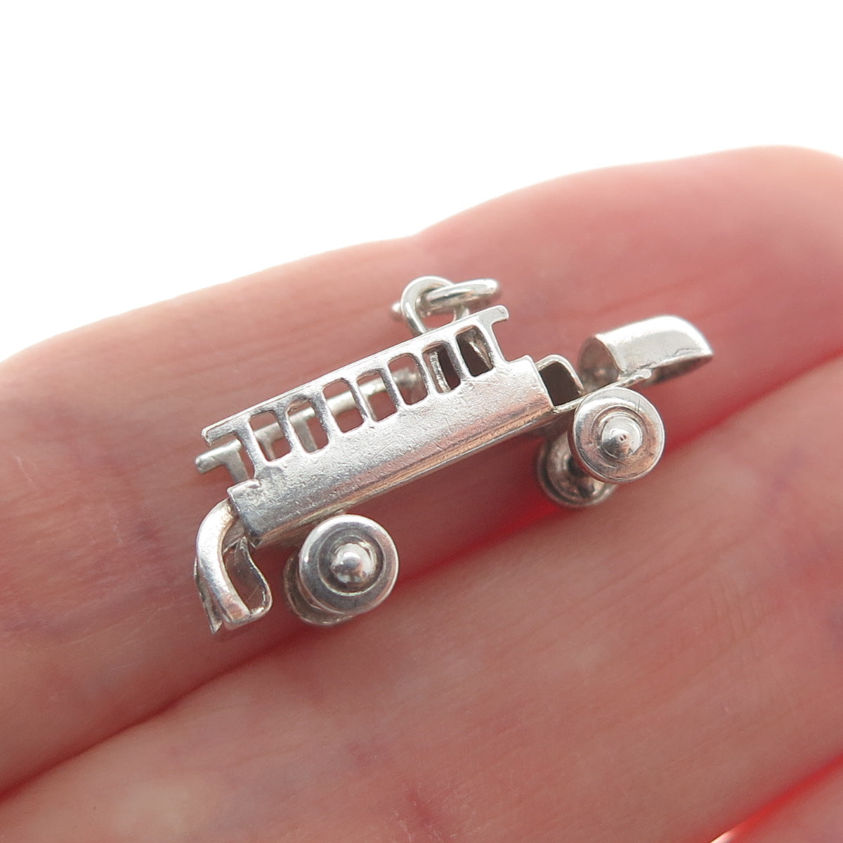925 Sterling Silver Antique Art Deco School Bus Minimalist 3D Charm Pendant