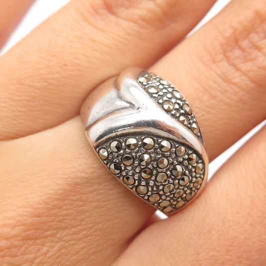 925 Sterling Silver Vintage Real Marcasite Gem Wide Domed Ring Size 7.75