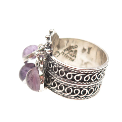 925 Sterling Silver Vintage Mexico Real Amethyst Dangle Charms Ring Size 8.25