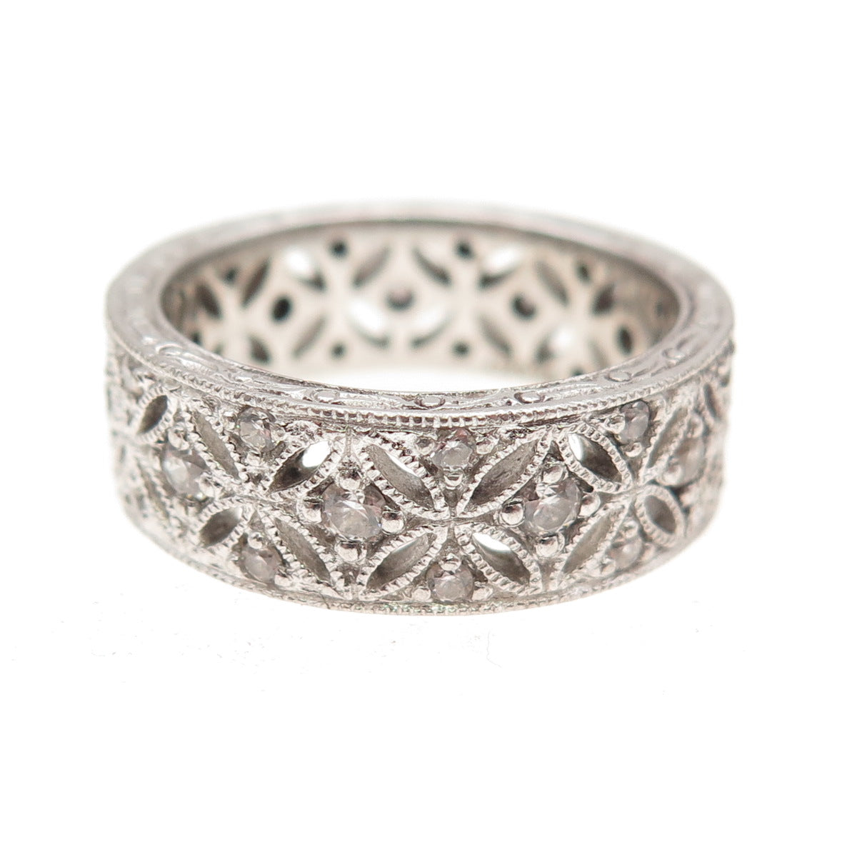 925 Sterling Silver Round-Cut C Z Floral Band Ring Size 8.25