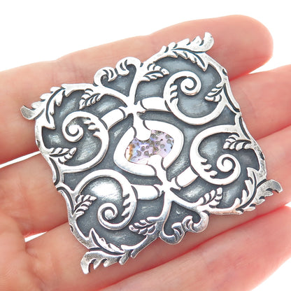 925 Sterling Silver Vintage Real Abalone Shell Floral Leaf Oxidized Pin Brooch