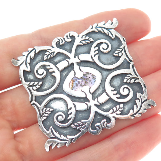 925 Sterling Silver Vintage Real Abalone Shell Floral Leaf Oxidized Pin Brooch