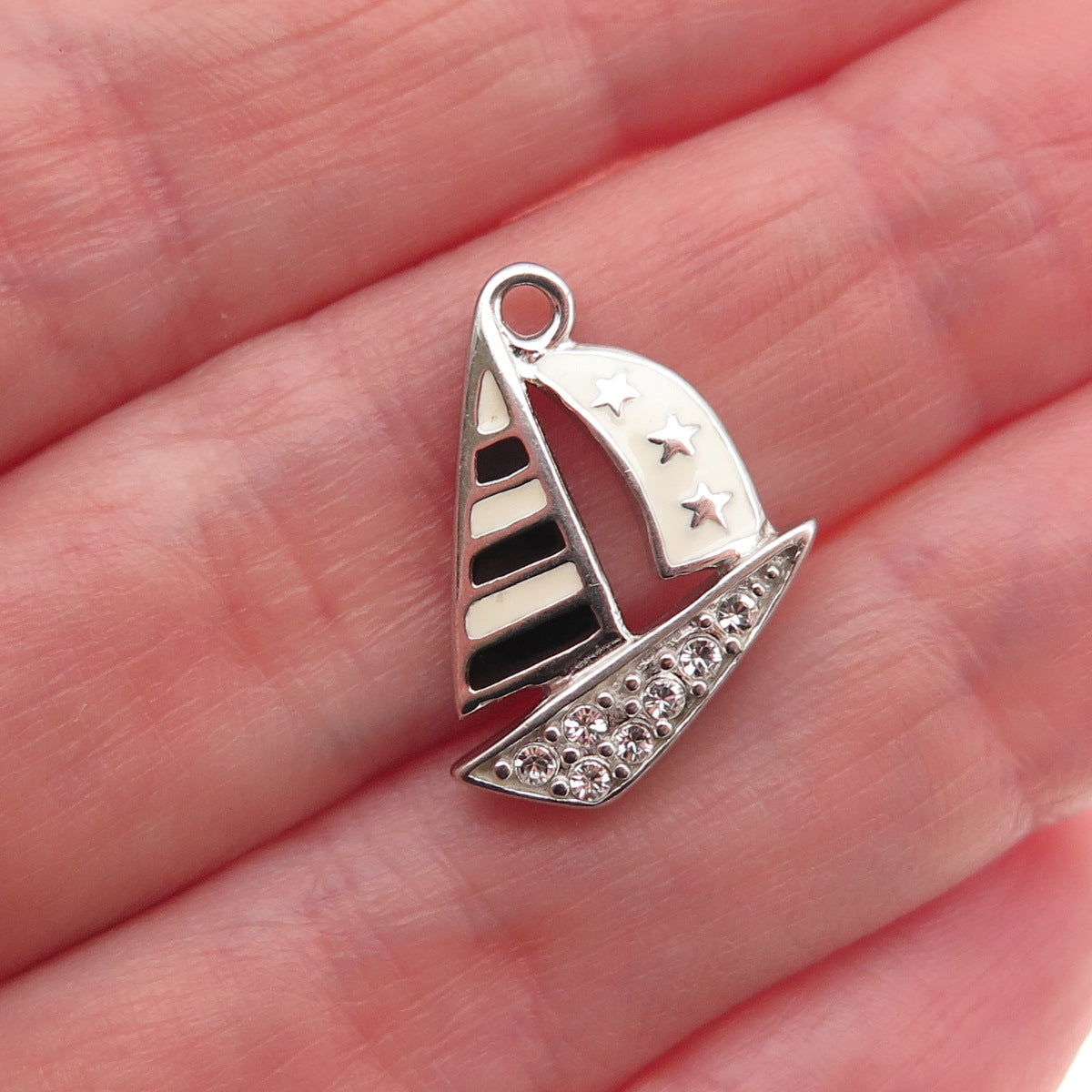 925 Sterling Silver Vintage Enamel & C Z Sailboat Mini Charm Pendant