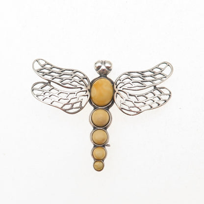 925 Sterling Silver Vintage Real Butterscotch Amber Dragonfly Pin Brooch