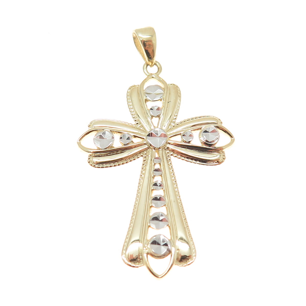 14K Yellow & White Gold Diamond-Cut Floral Cross Religious Charm Pendant