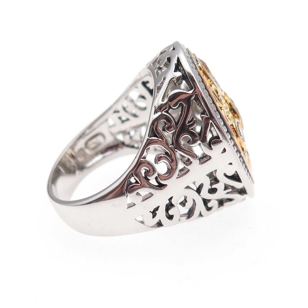 925 Sterling Silver 2-Tone Champagne C Z Floral Scroll Ring Size 9.5