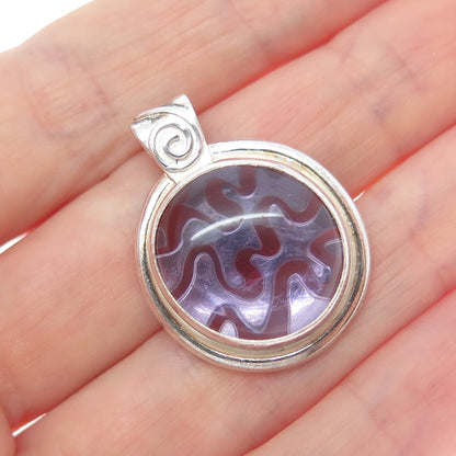 925 Sterling Silver Vintage Purple Glass Modernist Charm Pendant