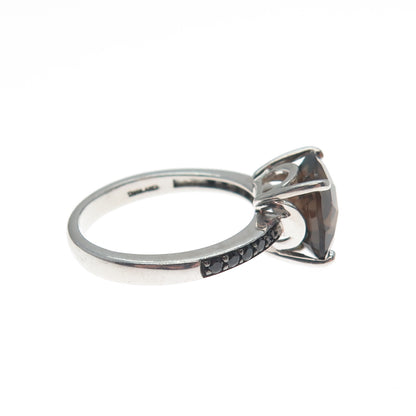 925 Sterling Silver Real Cushion-Cut Smoky Quartz & Black Spinel Ring Size 7.25