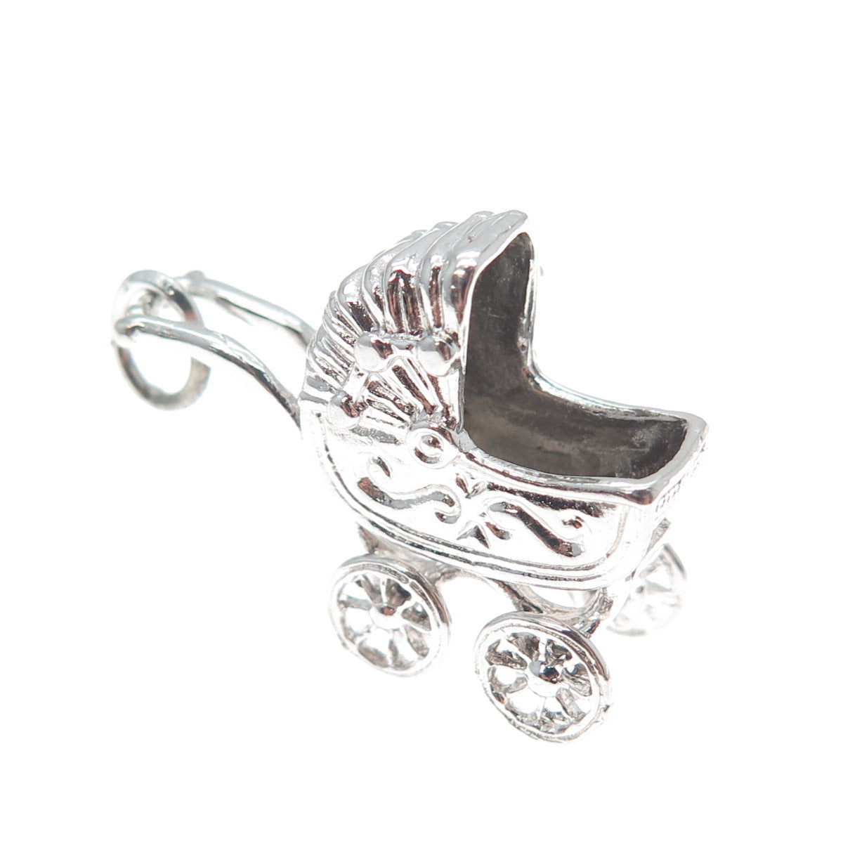 SPENCER 925 Sterling Silver Antique Baby Carriage Minimalist 3D Charm Pendant
