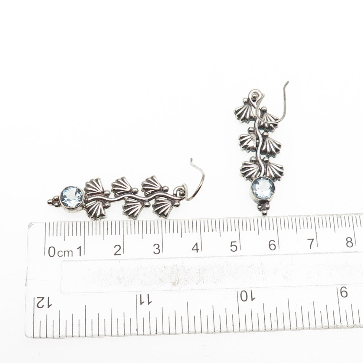 925 Sterling Silver Vintage Real Blue Topaz Floral Oxidized Dangle Earrings