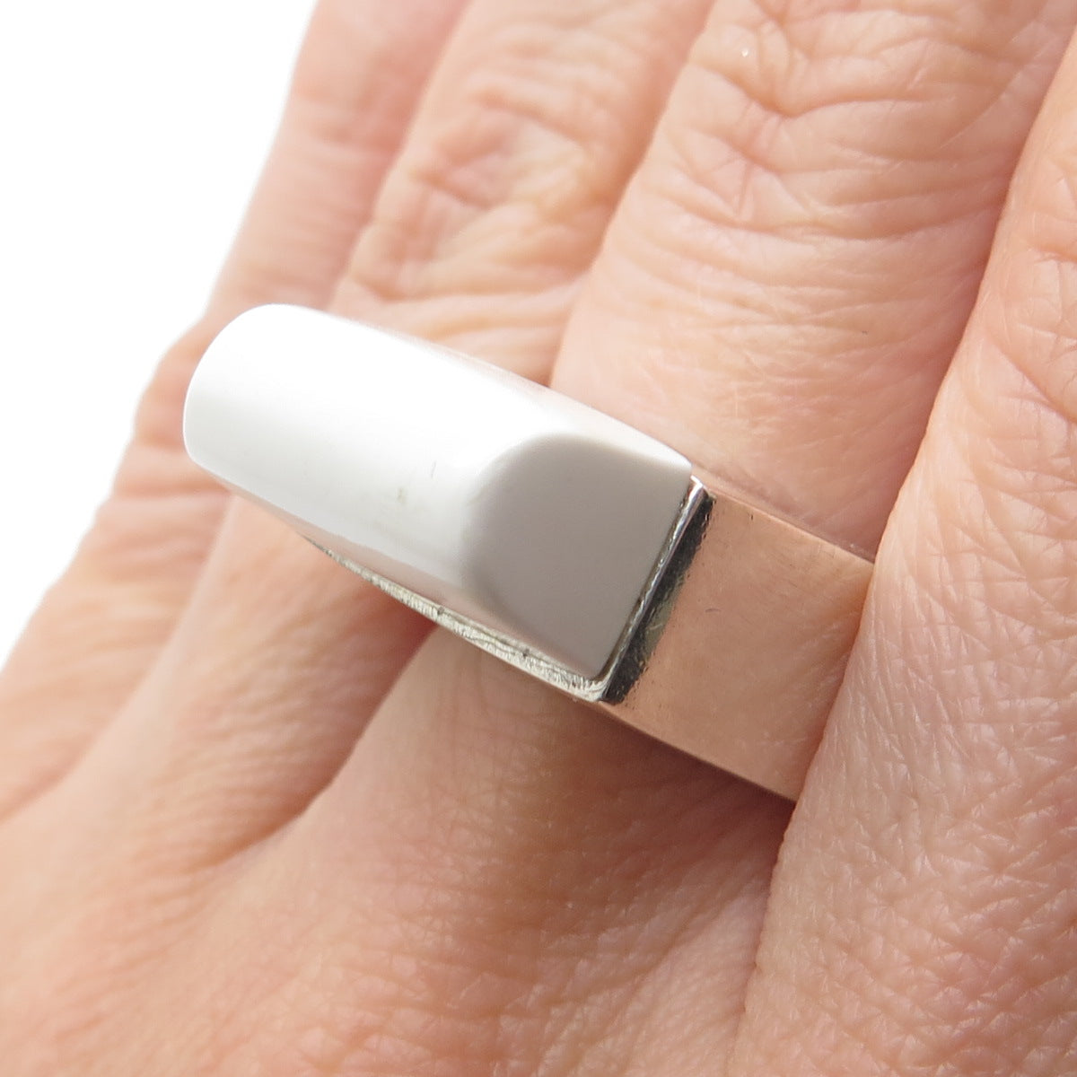 925 Sterling Silver Vintage Real White Onyx Modernist Ring Size 8.25