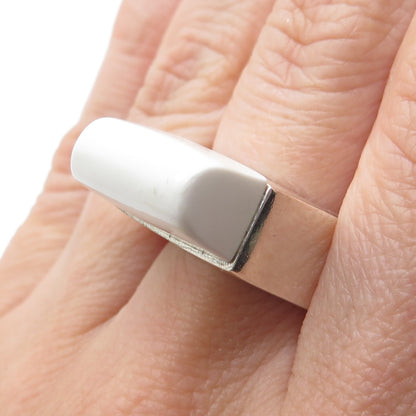 925 Sterling Silver Vintage Real White Onyx Modernist Ring Size 8.25