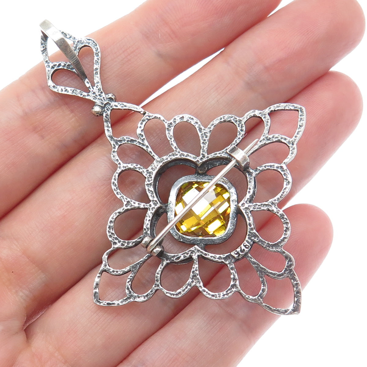 925 Sterling Silver Vintage Canary C Z Floral Cross Pin Brooch / Pendant