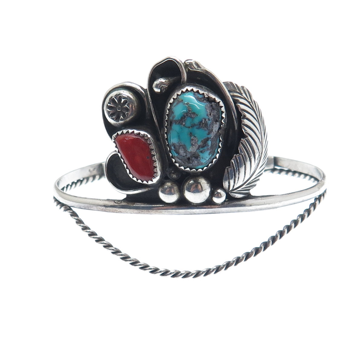 MELISSA YAZZIE Old Pawn 925 Sterling Turquoise & Coral Adjustable Bracelet 6.75"