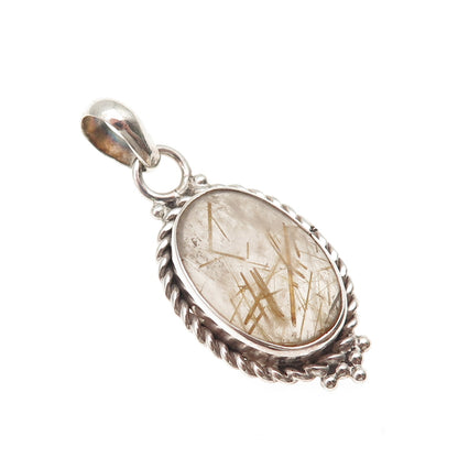 925 Sterling Silver Vintage Real Rutilated Quartz Oxidized Charm Pendant