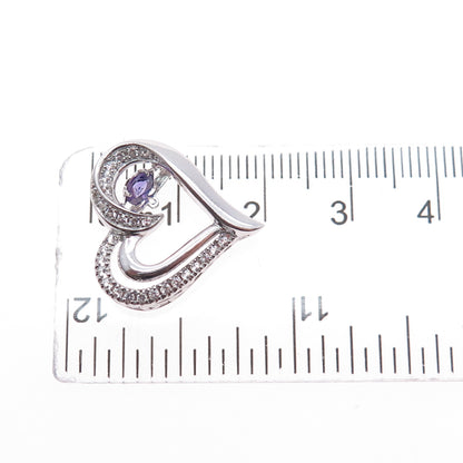 925 Sterling Silver Real White Topaz & Amethyst Heart Mini Slide Charm Pendant