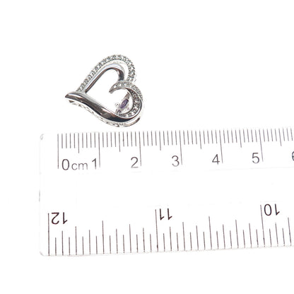 925 Sterling Silver Real Amethyst & White Topaz Heart Mini Slide Charm Pendant