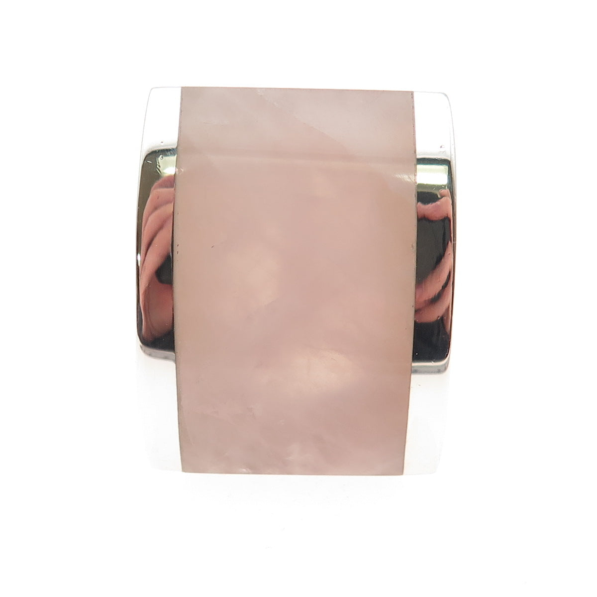 925 Sterling Silver Vintage Real Rose Quartz Modernist Statement Ring Size 7