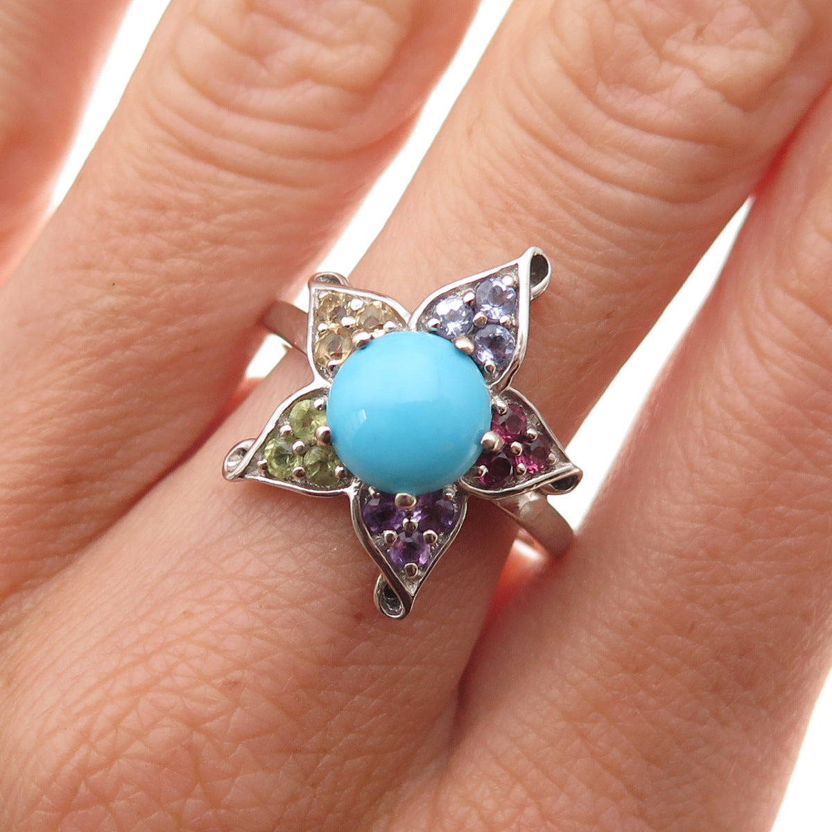 Chuck Clemency Sterling Silver Real Turquoise & Multi-Gem Floral Ring Size 8.25
