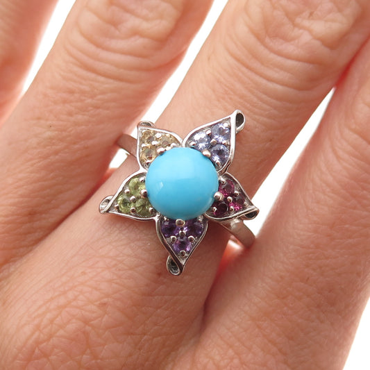 Chuck Clemency Sterling Silver Real Turquoise & Multi-Gem Floral Ring Size 8.25