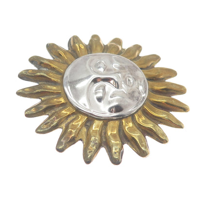 925 Sterling Silver 2-Tone Vintage Mexico Sun Face Pin Brooch / Pendant