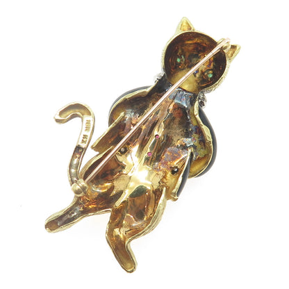 18K Yellow Gold Vintage Enamel Real 0.30ct Diamond Emerald & Ruby Cat Pin Brooch