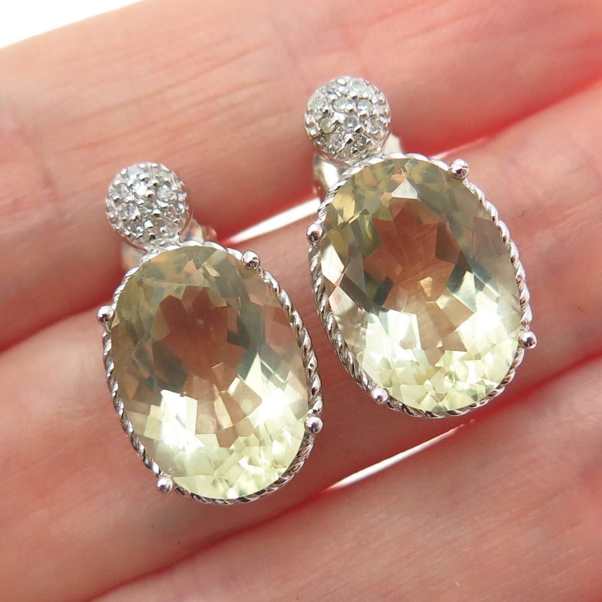 925 Sterling Silver Real Diamond & Oval-Cut Yellow Topaz Earrings