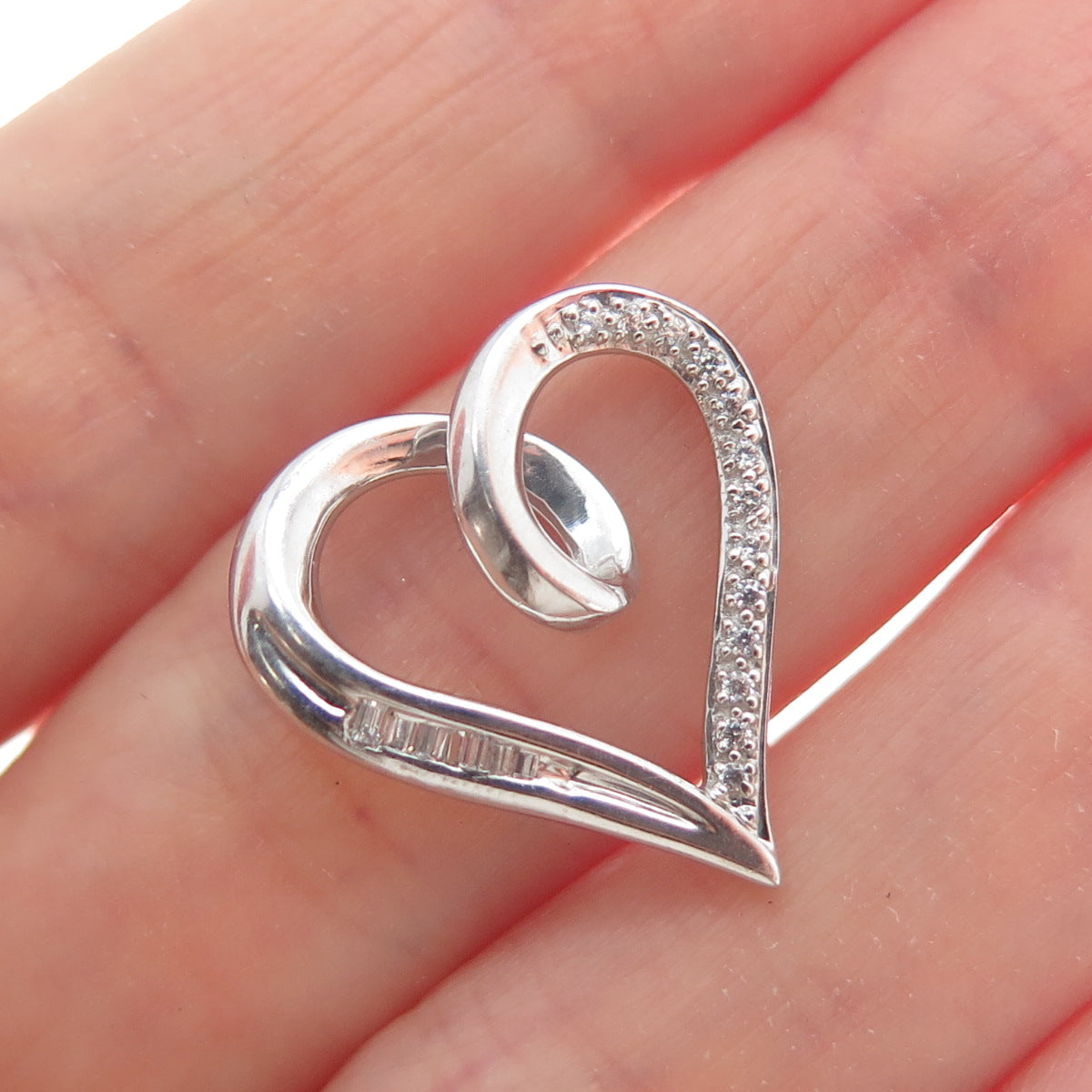 925 Sterling Silver Round-Cut C Z Heart Minimalist Charm Slide Pendant