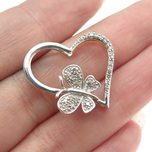 925 Sterling Silver Real Round-Cut Diamond Butterfly Heart Slide Pendant