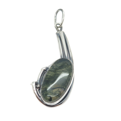 925 Sterling Silver Antique Art Deco Real Dendritic Agate Gemstone Pendant