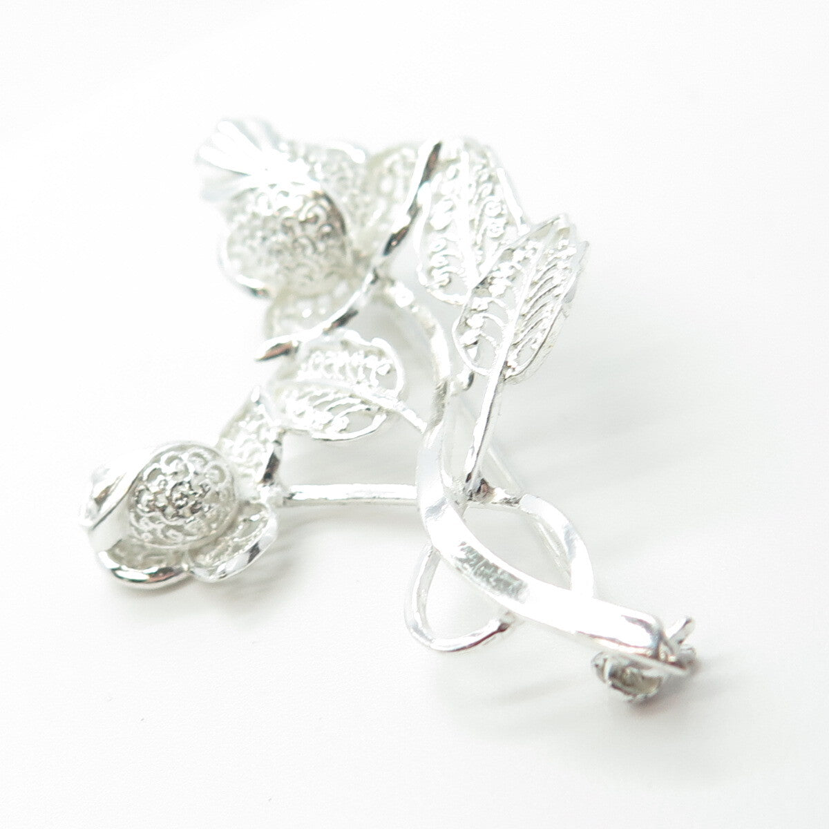 925 Sterling Silver Vintage Germany Twig Leaf Ornate Pin Brooch