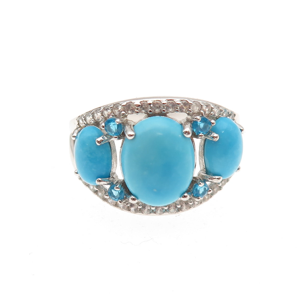 925 Sterling Silver Real Turquoise Apatite & White Topaz Ring Size 8.25