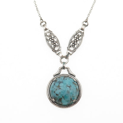 925 Sterling Silver Vintage Faux Turquoise Floral Cable Chain Necklace 16"
