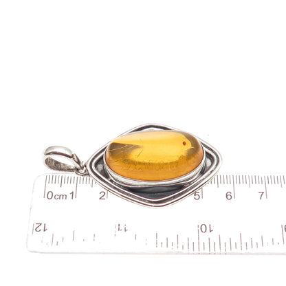 925 Sterling Silver Vintage Real Amber Modernist Oxidized Pendant