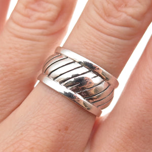 925 Sterling Silver Vintage Modernist Ribbed Oxidized Wide Band Ring Size 6.75