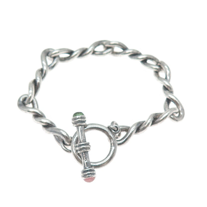 925 Sterling Silver Vintage Real Green & Pink Tourmaline Twisted Bracelet 6.75"