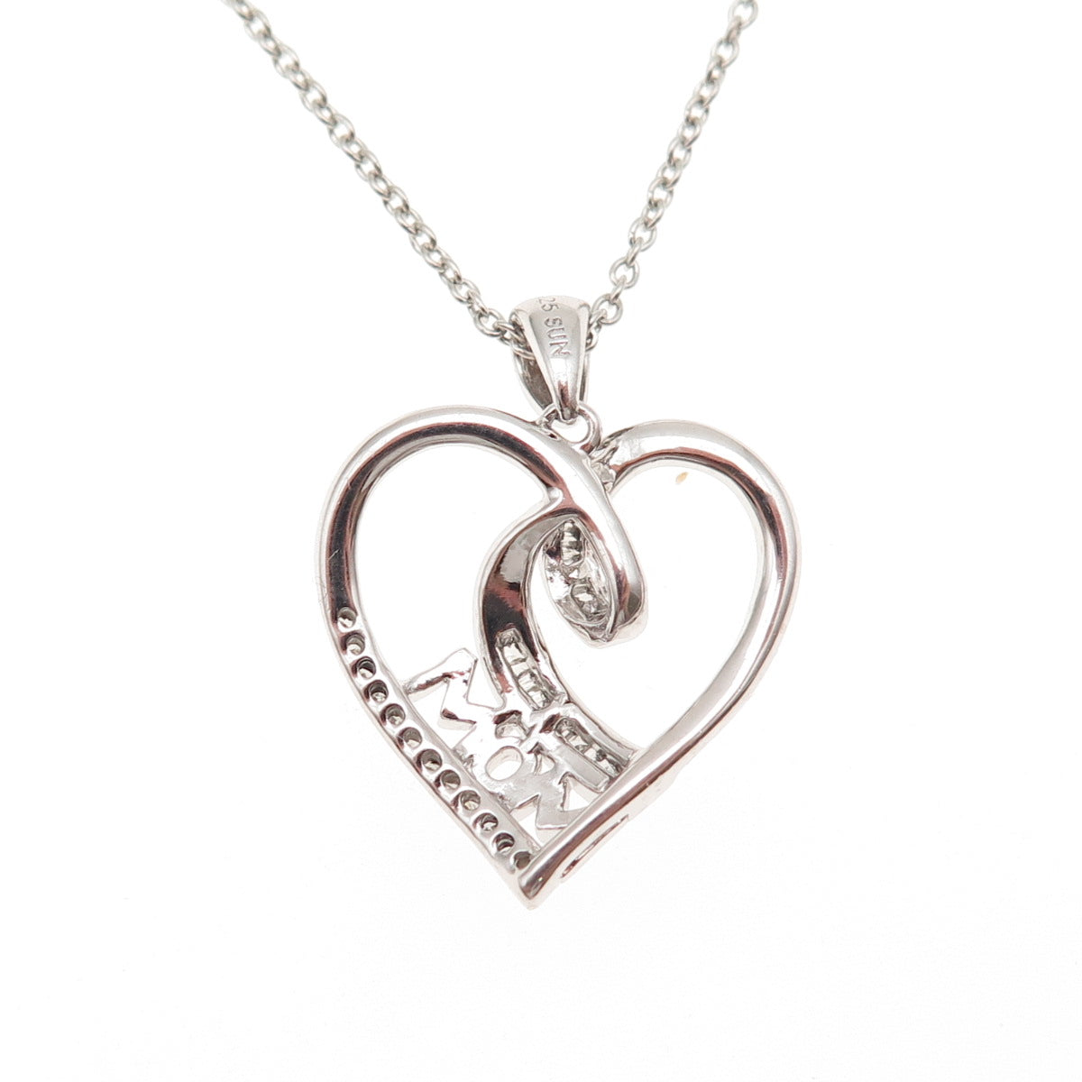 Sun 925 Sterling Silver Real Diamond Mom Heart Cable Chain Necklace 18"