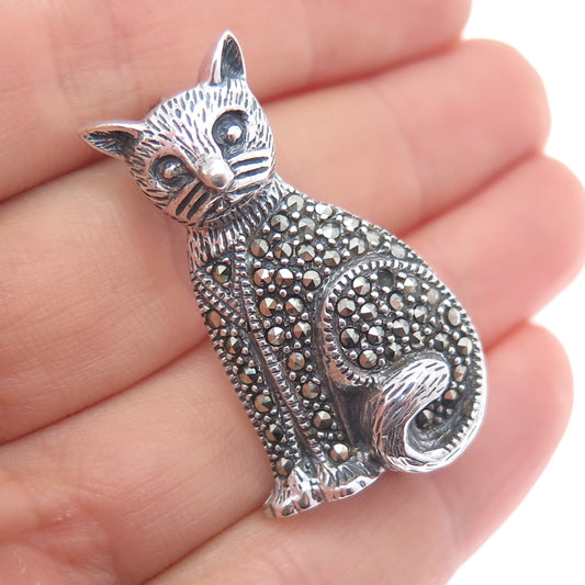 Kenneth Cole 925 Sterling Vintage Real Marcasite Cat Brooch (missing 1 stone)