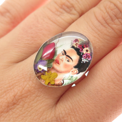 925 Sterling Silver Vintage Enamel Frida Kahlo Pressed Flowers Ring Size 7.75