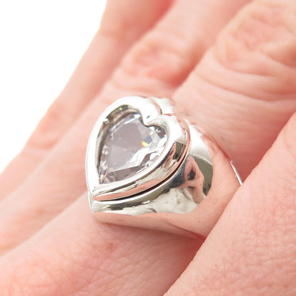 925 Sterling Silver Vintage Heart-Cut C Z Modernist Ring Size 7.25