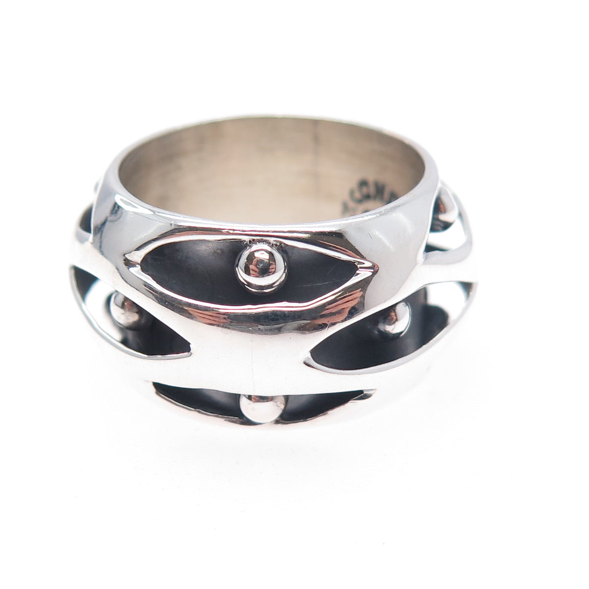925 Sterling Silver Vintage Mexico Modernist Beaded Oxidized Band Ring Size 8.25