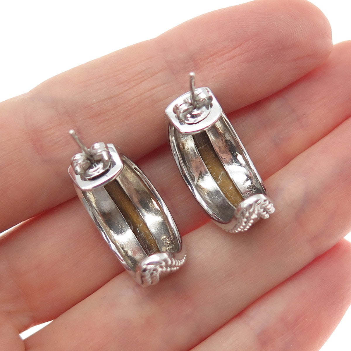 SAI 925 Sterling Silver Vintage Real Tiger Eye Crescent Hoop Earrings