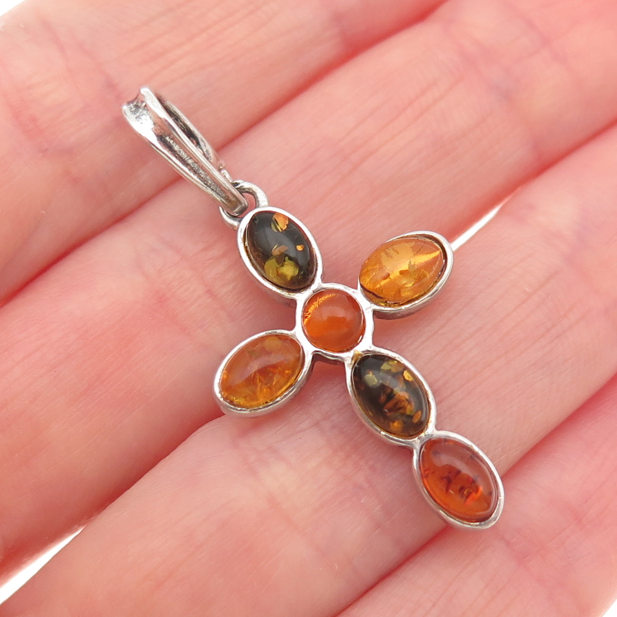 925 Sterling Silver Vintage Real Amber Cross Charm Pendant